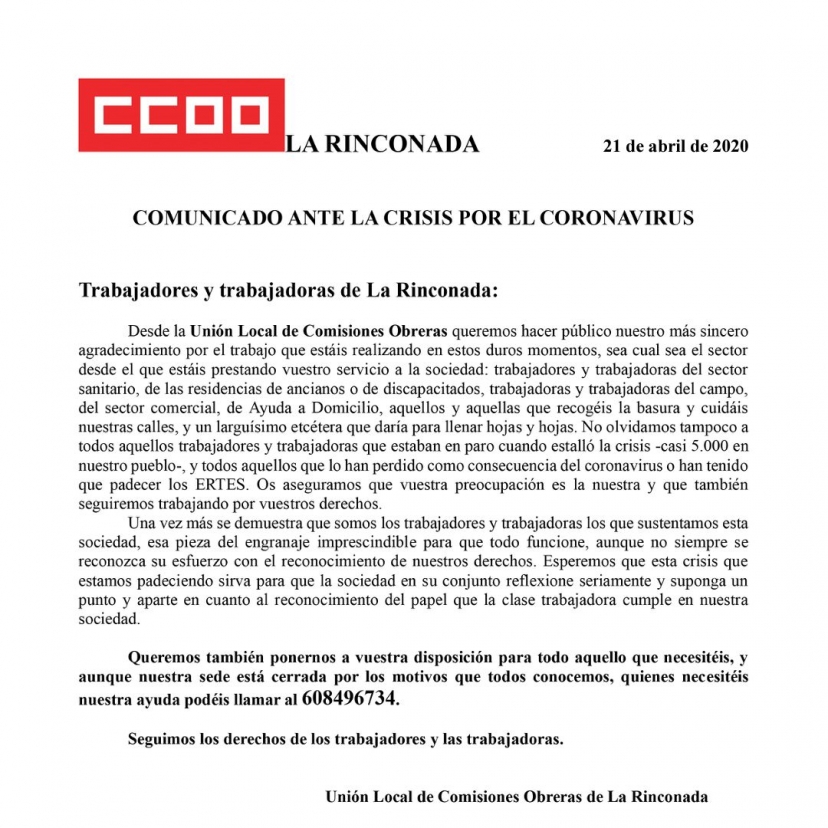 Comunicado de CCOO La Rinconada
