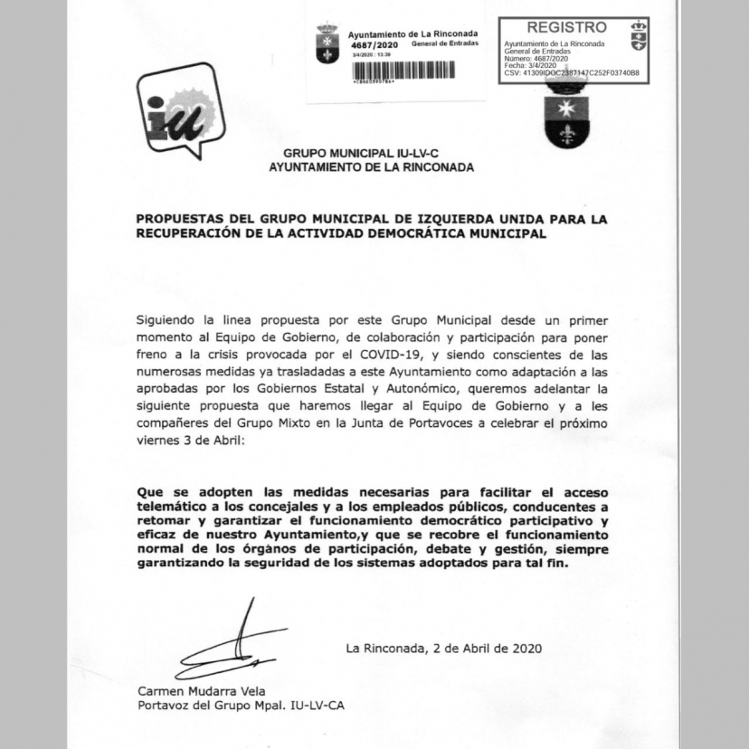 PROPUESTAS  DEL  GRUPO  MUNICIPAL  DE  IZQUIERDA  UNIDA  PARA LA RECUPARACIÓN DE LA ACTIVIDAD DEMOCRÁTICA MUNICIPAL