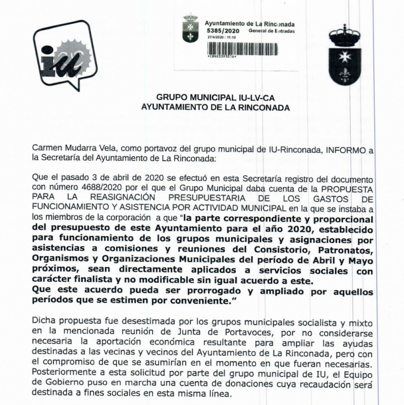 El grupo municipal de IU La Rinconada dona todos sus ingresos del Ayuntamiento desde abril hasta nueva orden para la lucha contra el Coronavirus
