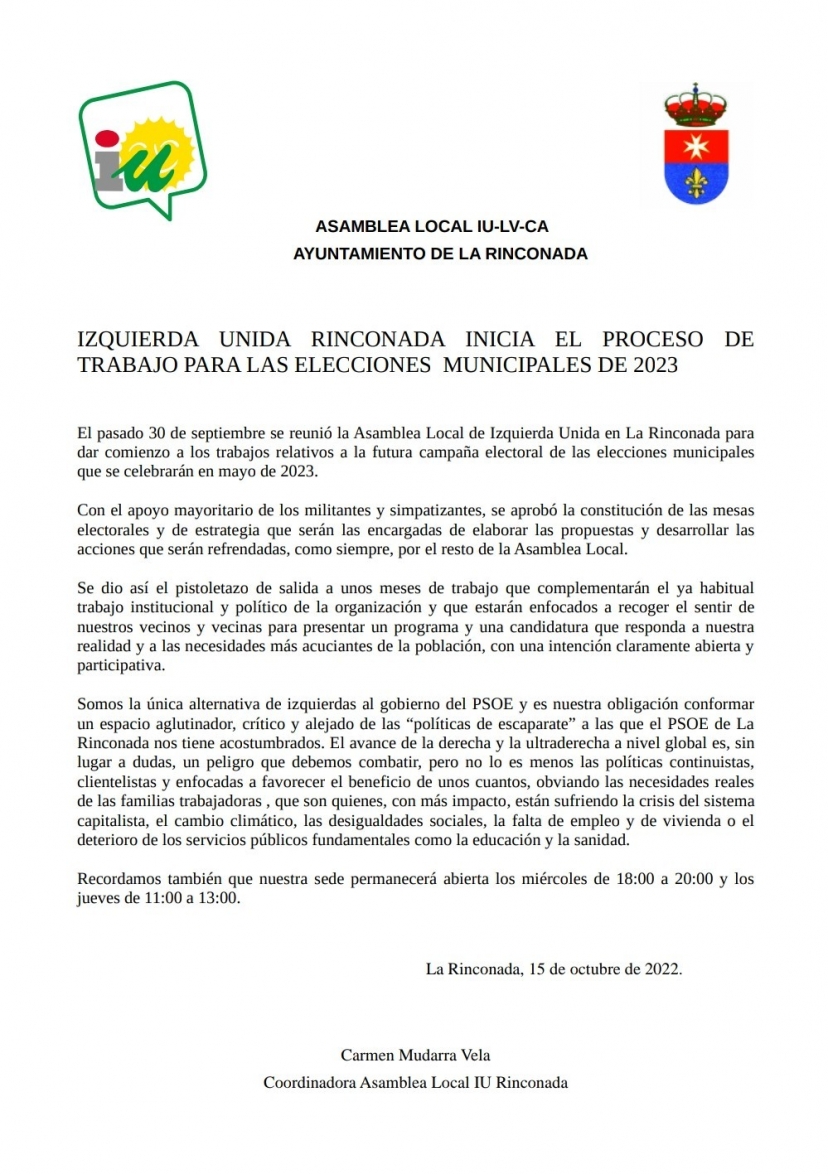 Izquierda Unida La Rinconada empieza el proceso de trabajo para las elecciones municipales de 2023