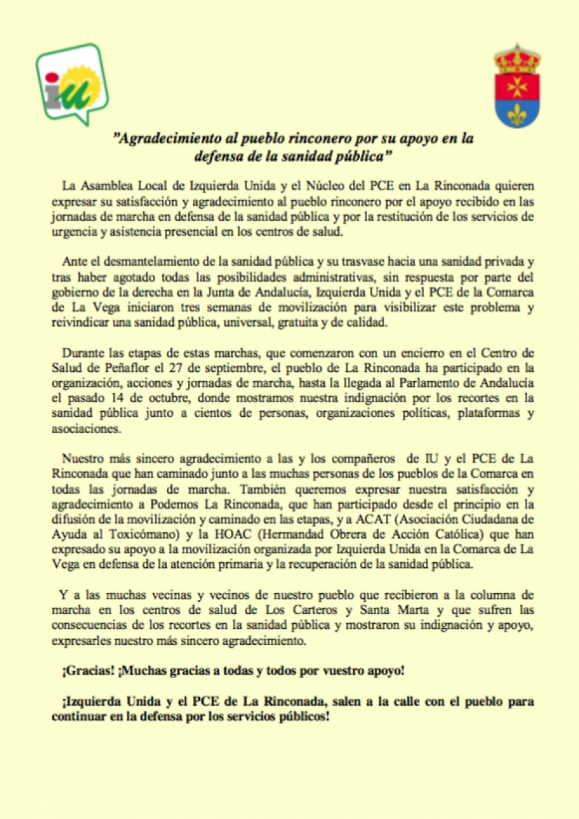 Agradecimiento a los rinconeros por su apoyo a la sanidad