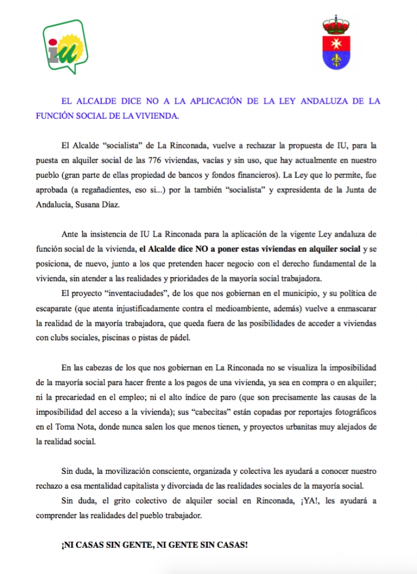 EL ALCALDE DICE NO A LA APLICACIÓN DE LA LEY ANDALUZA DE LA FUNCIÓN SOCIAL DE LA VIVIENDA