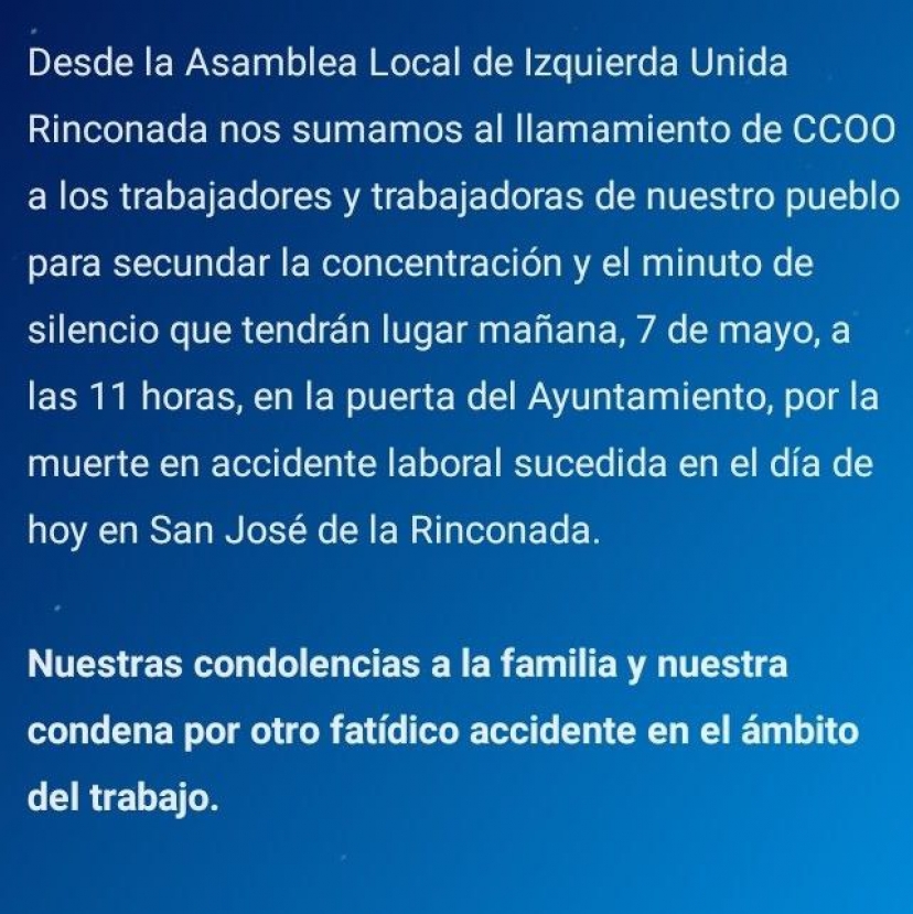 Mañana concentración y minuto de silencio por el fatídico accidente en el ámbito laboral