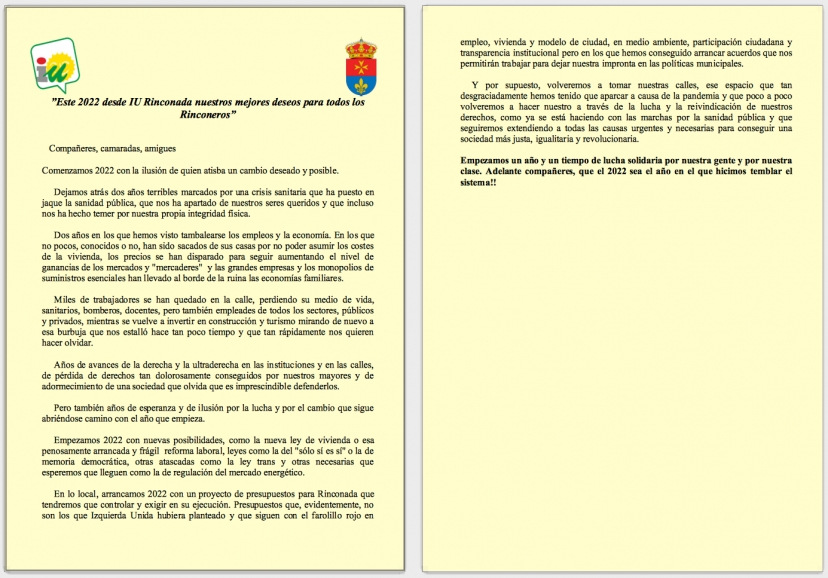 Este 2022 desde IU Rinconada nuestros mejores deseos para todos los Rinconeros