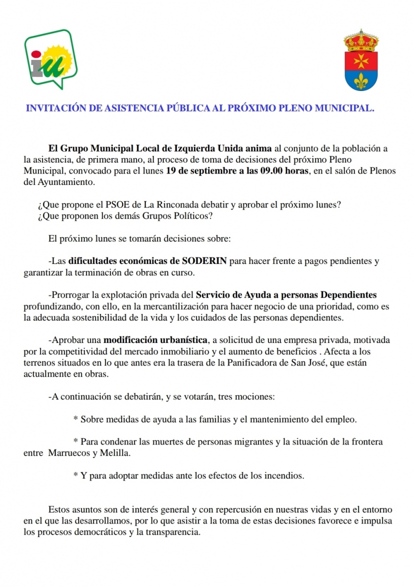 Invitación al próximo pleno municipal 19 de Septiembre