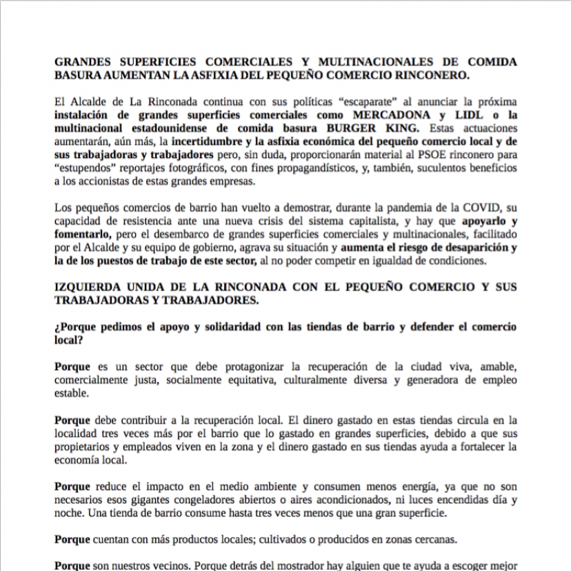 Grandes superficies comerciales y multinacionales de comida basura aumentan la asfixia del pequeño comercio rinconero