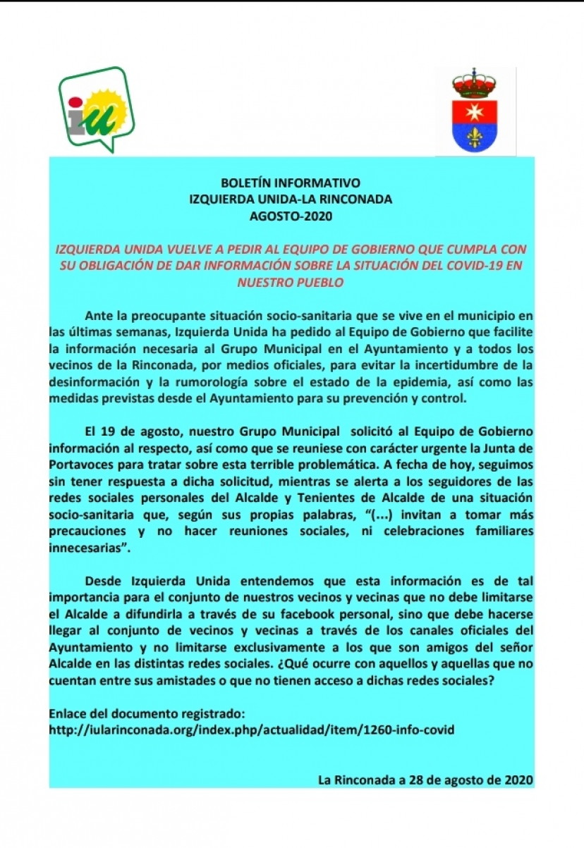 V BOLET&Iacute;N INFORMATIVO IZQUIERDA UNIDA-LA RINCONADA. AGOSTO 2020